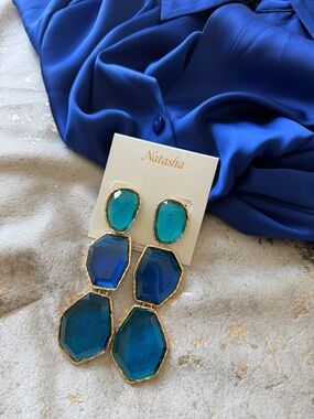 Natasha Couture Teal and Blue Faceted Triple-Drop Earrings